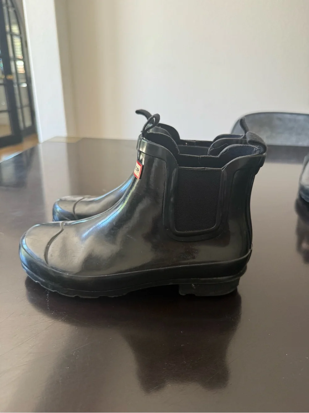 Hunter Glossy Black Chelsea Rain Boots with Red Logo